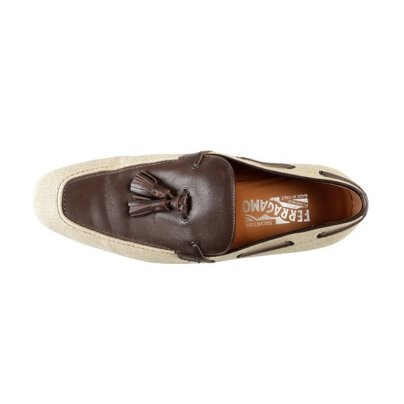 Salvatore Ferragamo Men\'s FAGGIO 4 Beige Canvas Leather Penny Loafers Shoes